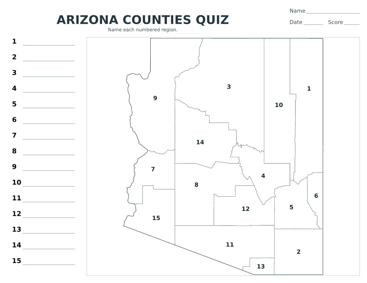 Cuestionario de condados: Arizona, United States con 15 condados con números.