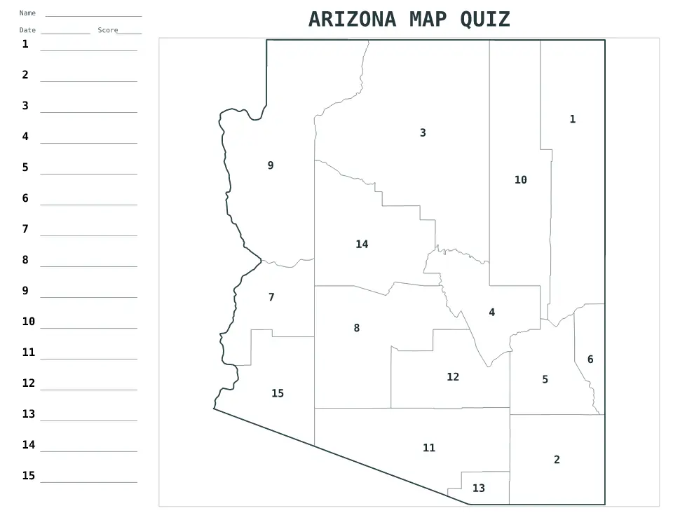 Arizona Numbered quiz map preview