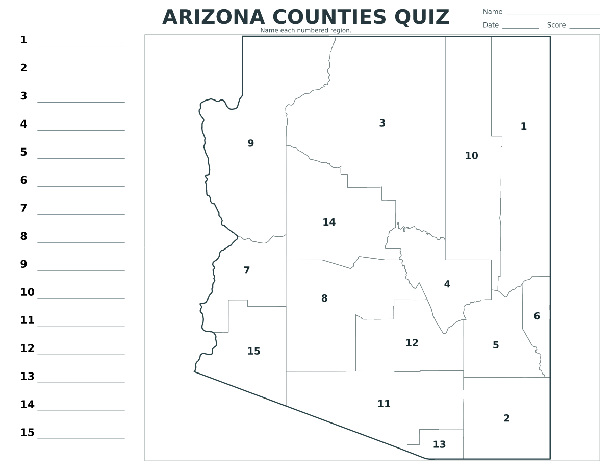 Cuestionario de condados: Arizona, United States con 15 condados con números.