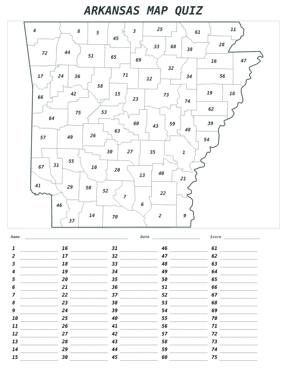 Arkansas Numbered quiz map preview