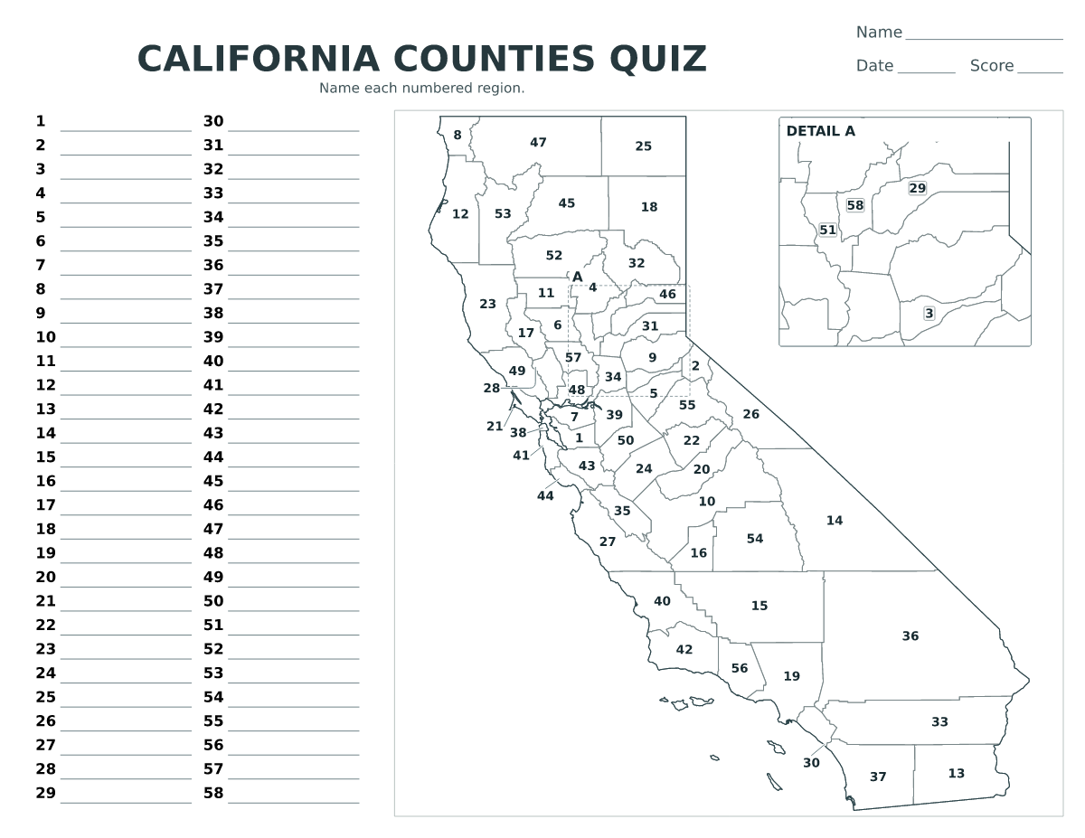 Cuestionario de condados: California, United States con 58 condados con números.