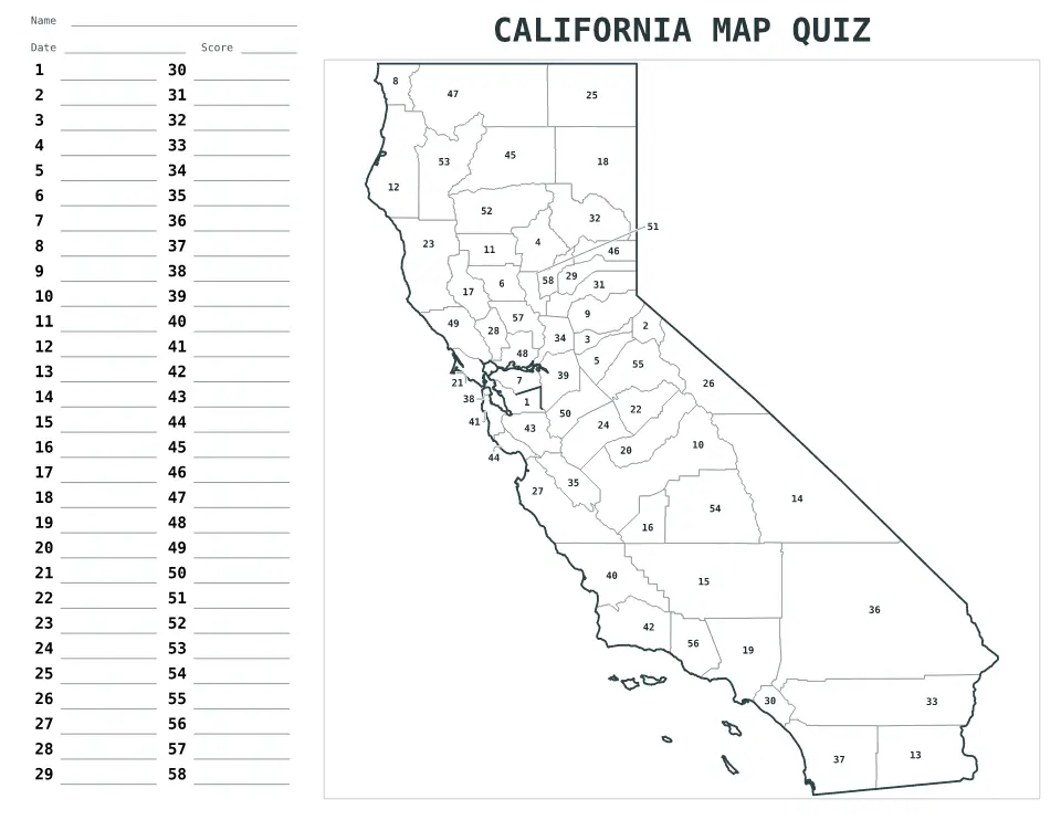 Cuestionario imprimible del mapa de California, United States con 58 regiones numeradas y respuestas.