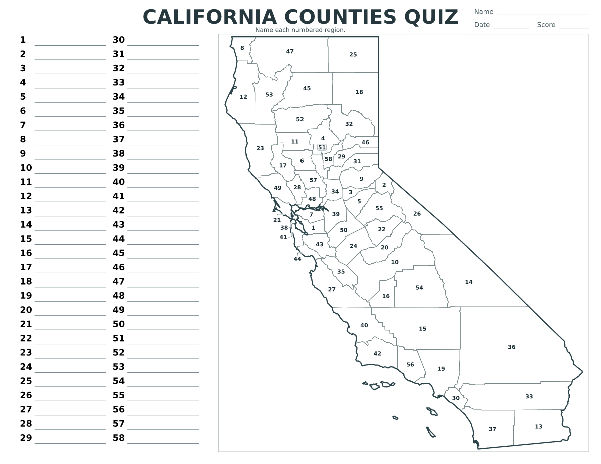 Quiz des comtés : California, United States avec 58 comtés avec numéros.