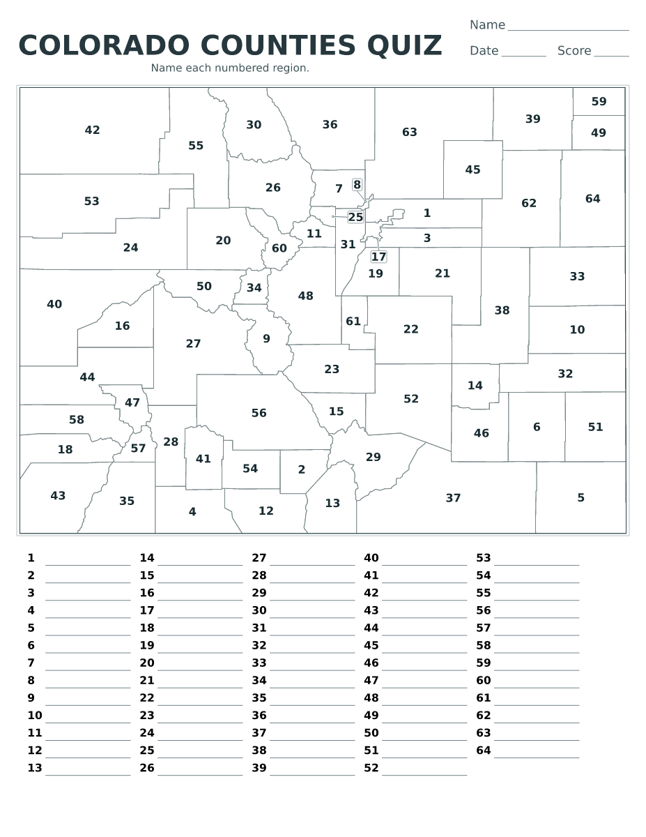 Cuestionario de condados: Colorado, United States con 64 condados con números.