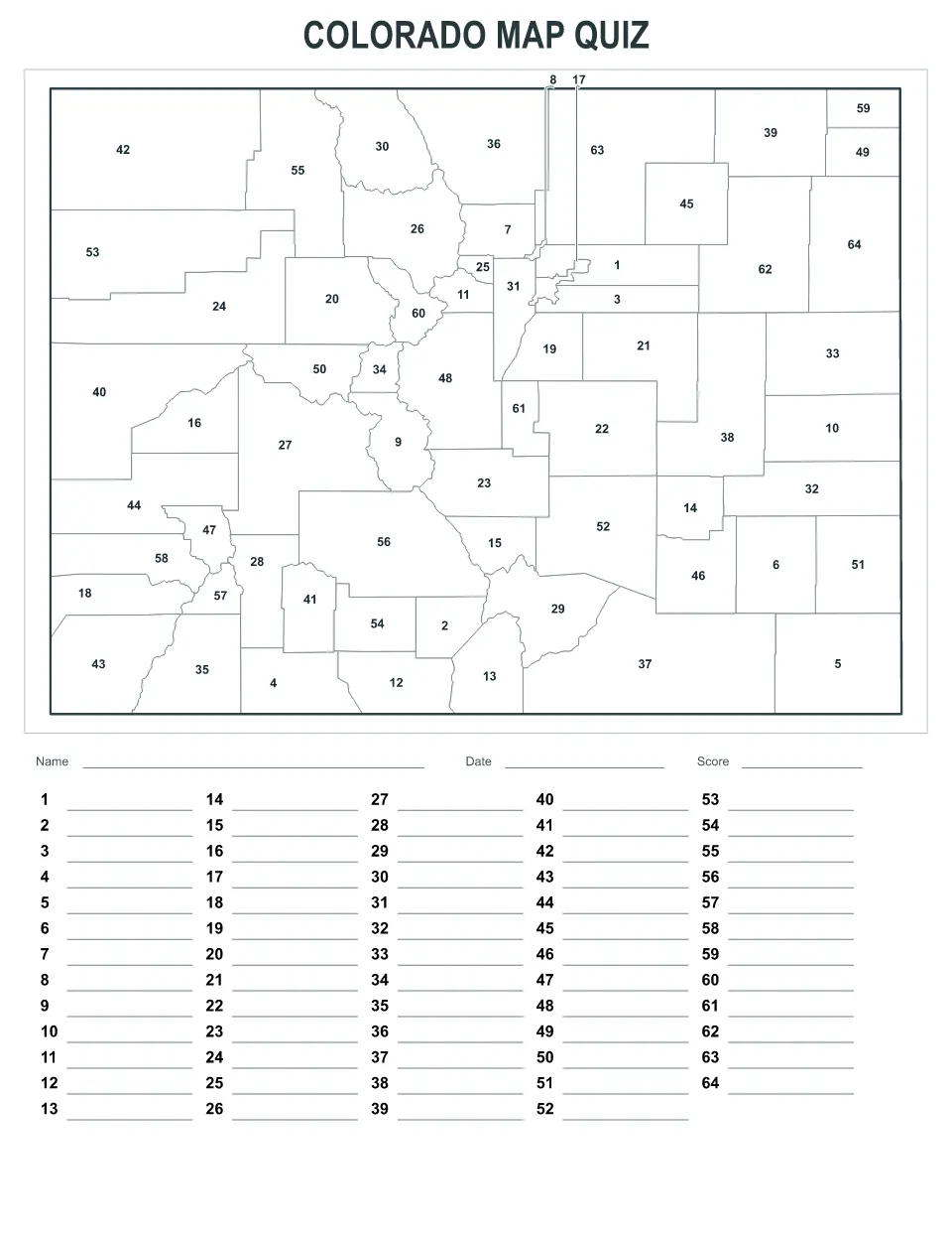 Colorado Numbered quiz map preview