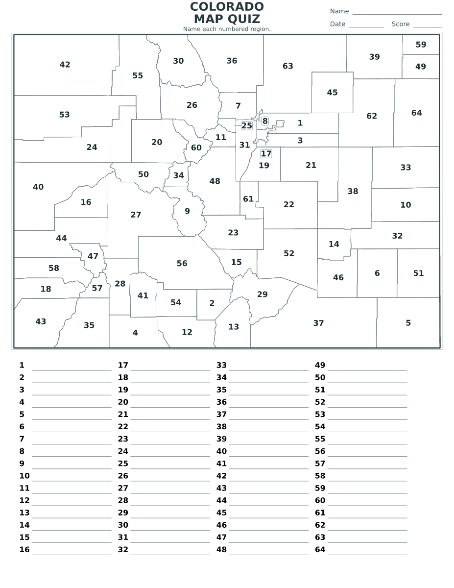 Cuestionario de condados: Colorado, United States con 64 condados con números.