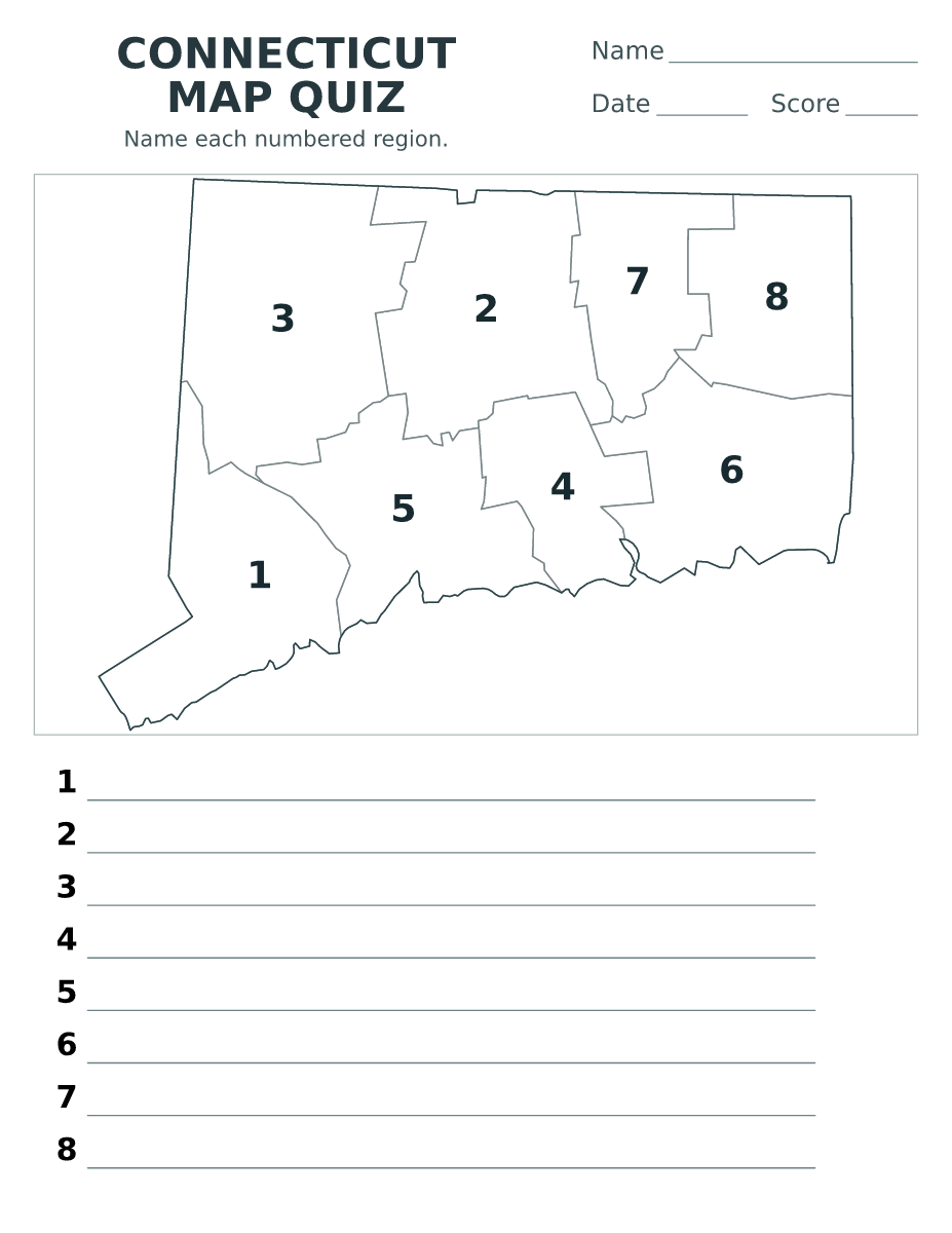 Cuestionario de condados: Connecticut, United States con 8 condados con números.