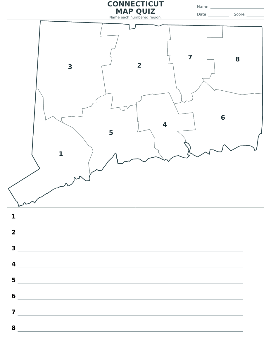 Quiz des comtés : Connecticut, United States avec 8 comtés avec numéros.