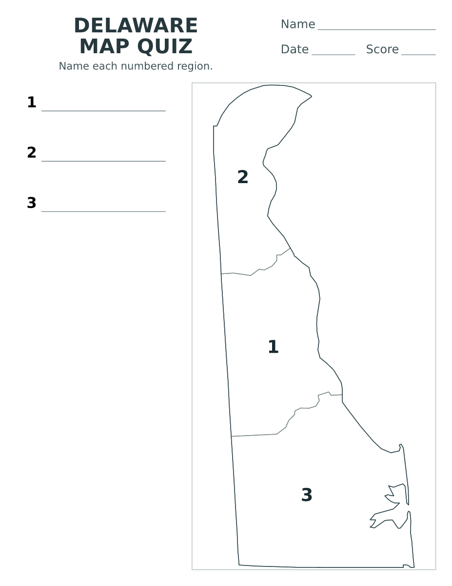 Cuestionario de condados: Delaware, United States con 3 condados con números.