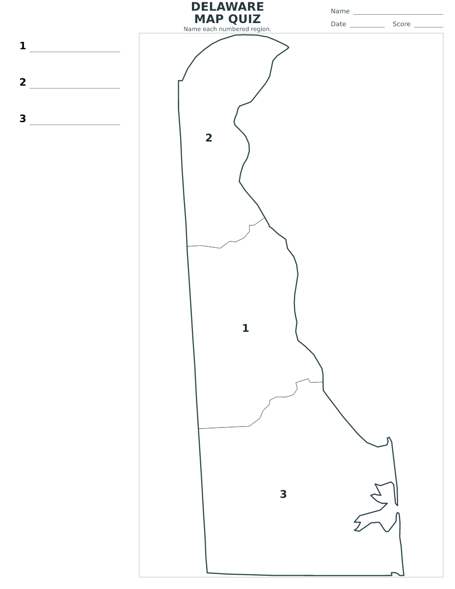 Cuestionario de condados: Delaware, United States con 3 condados con números.