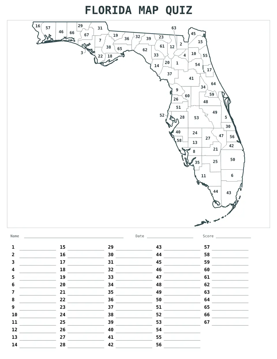 Florida Numbered quiz map preview