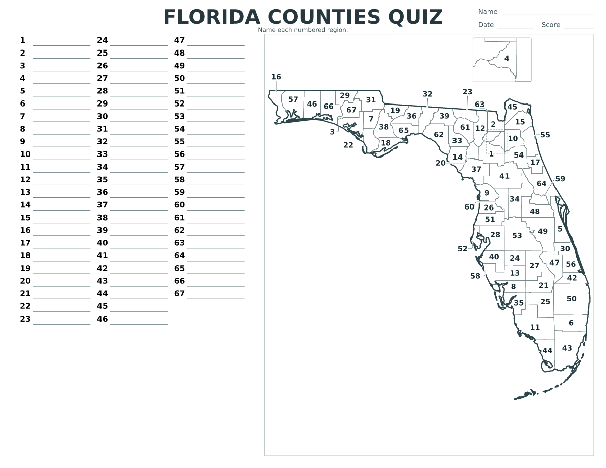 Cuestionario de condados: Florida, United States con 67 condados con números.