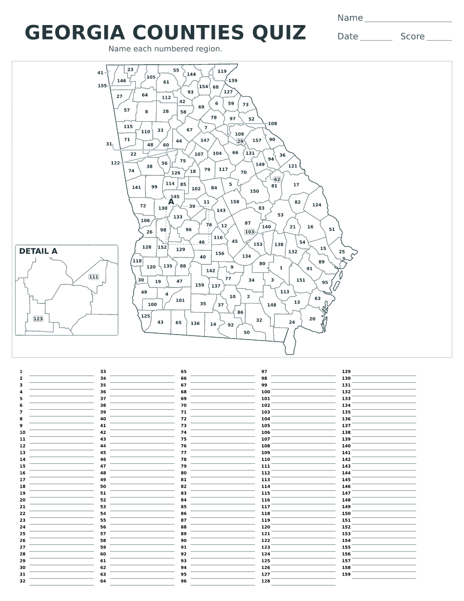 Cuestionario de condados: Georgia, United States con 159 condados con números.