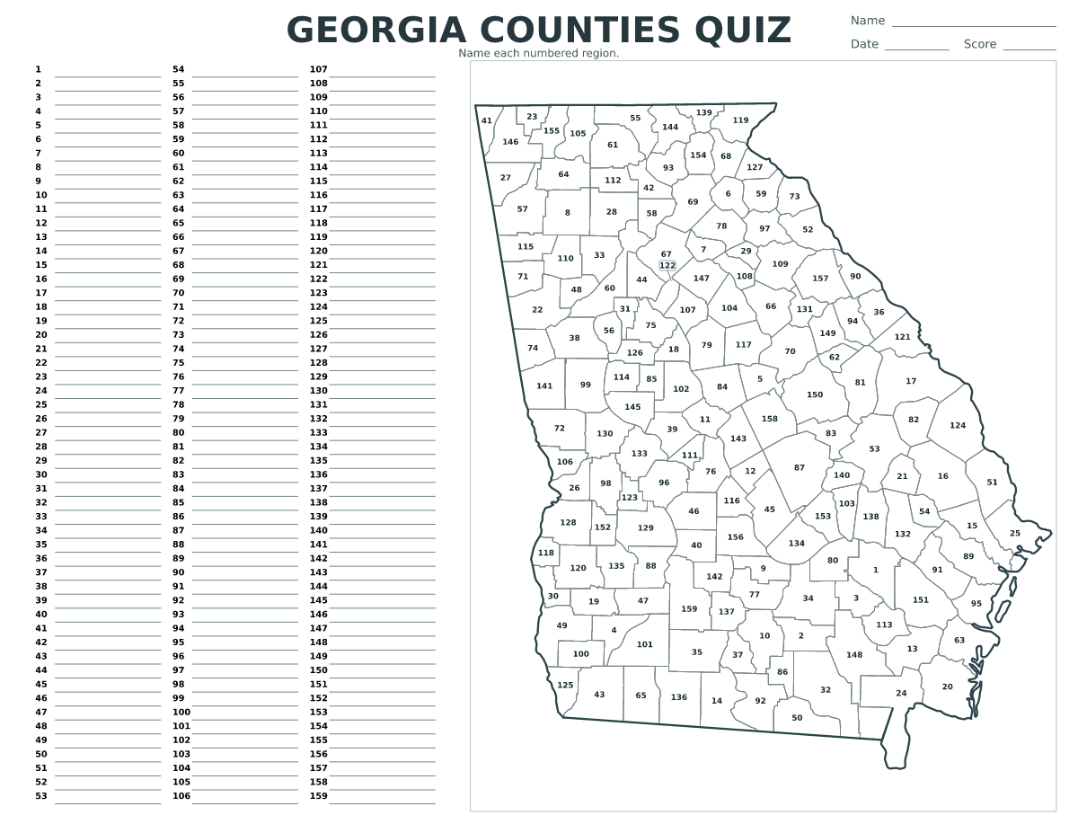 Quiz des comtés : Georgia, United States avec 159 comtés avec numéros.