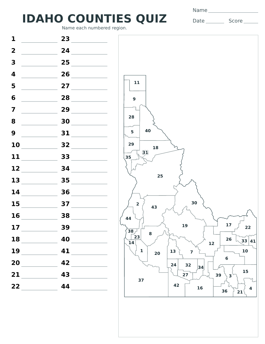 Cuestionario de condados: Idaho, United States con 44 condados con números.