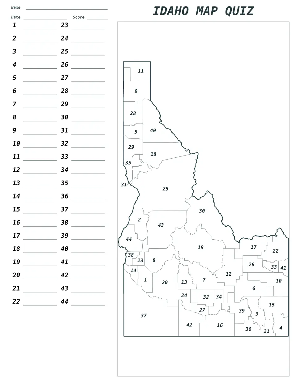 Idaho Numbered quiz map preview