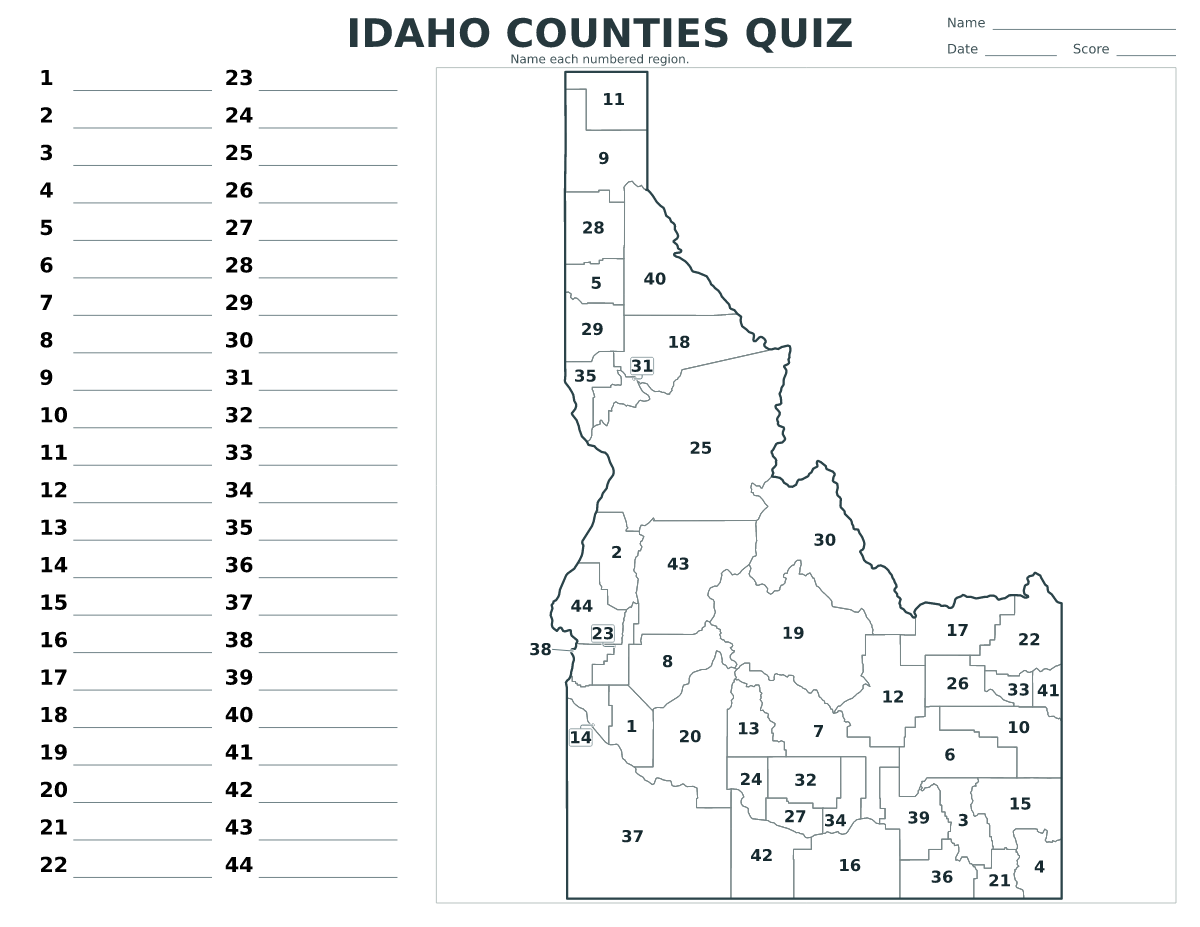 Cuestionario de condados: Idaho, United States con 44 condados con números.