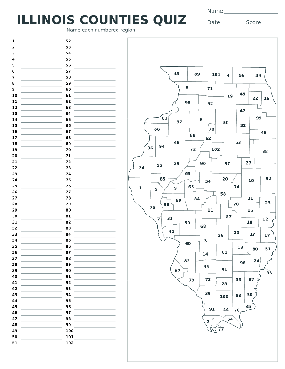 Cuestionario de condados: Illinois, United States con 102 condados con números.