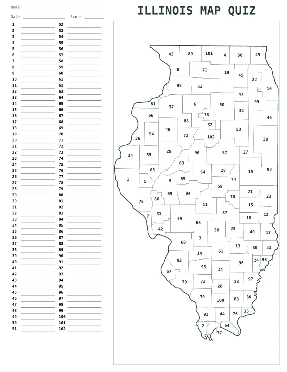 Illinois Numbered quiz map preview