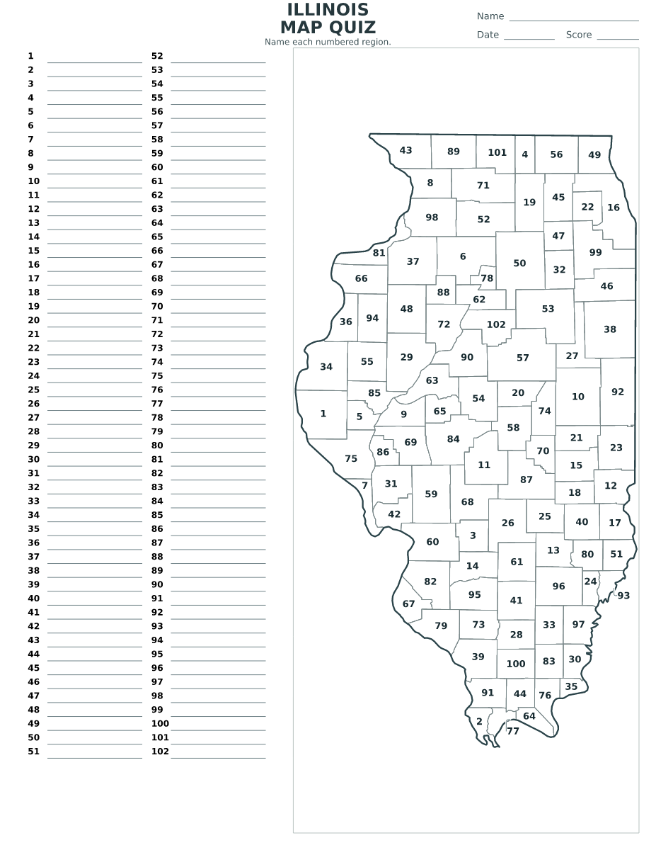Cuestionario de condados: Illinois, United States con 102 condados con números.