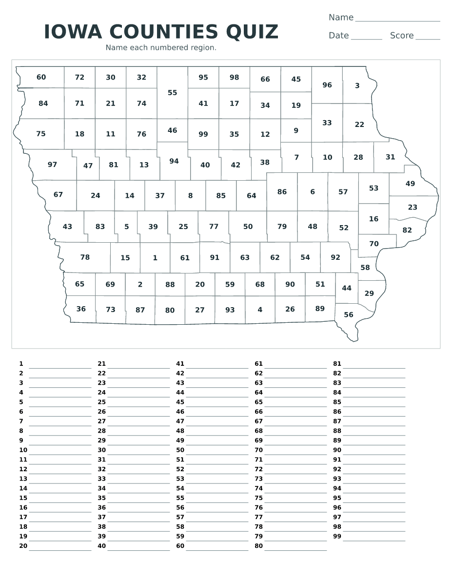 Cuestionario de condados: Iowa, United States con 99 condados con números.