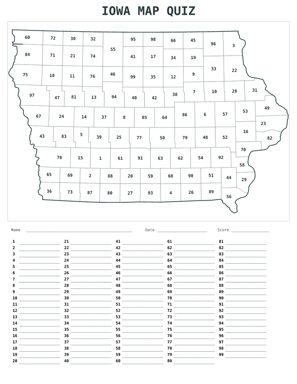 Printable Iowa, United States numbered map quiz with 99 regions and an answer key.