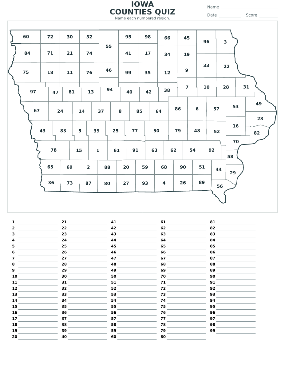 Cuestionario de condados: Iowa, United States con 99 condados con números.