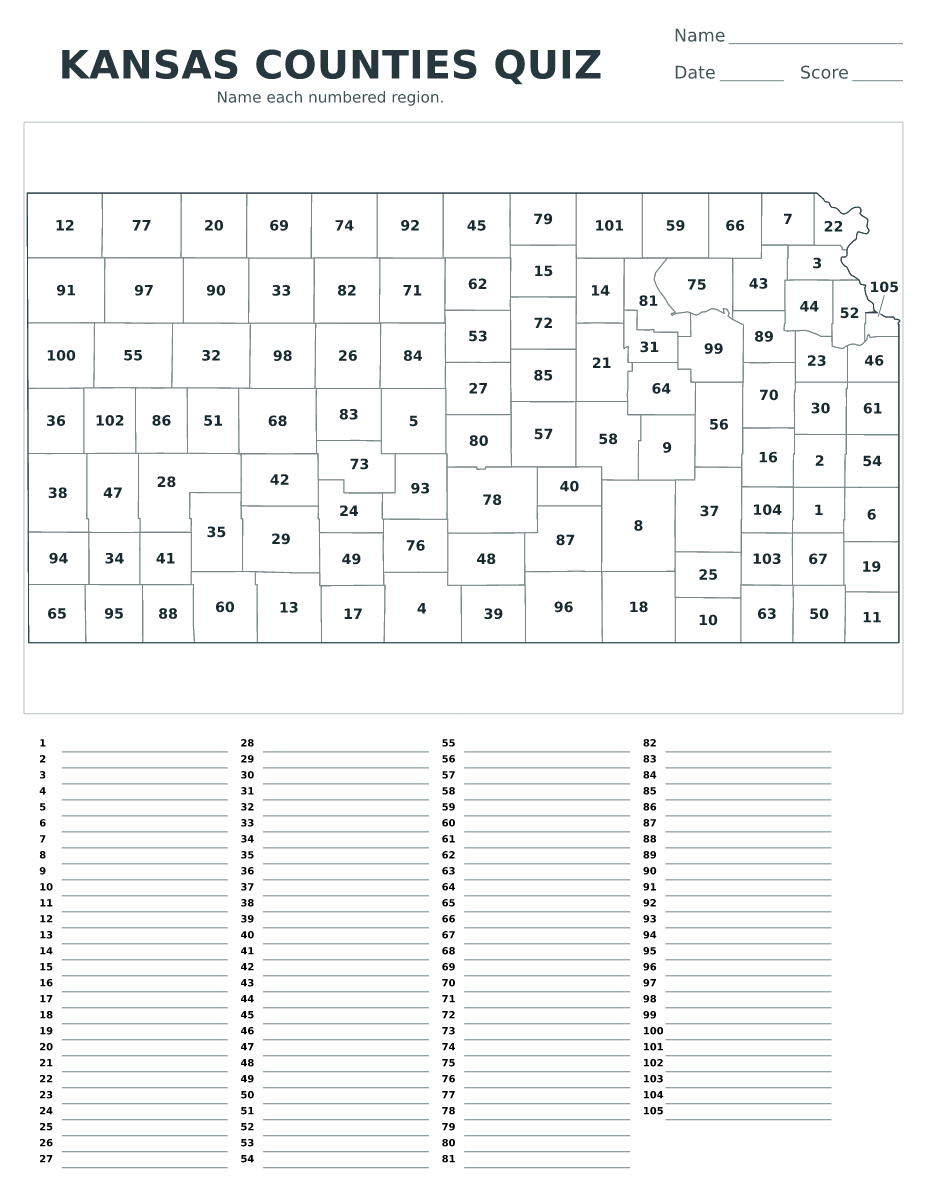 Quiz des comtés : Kansas, United States avec 105 comtés avec numéros.