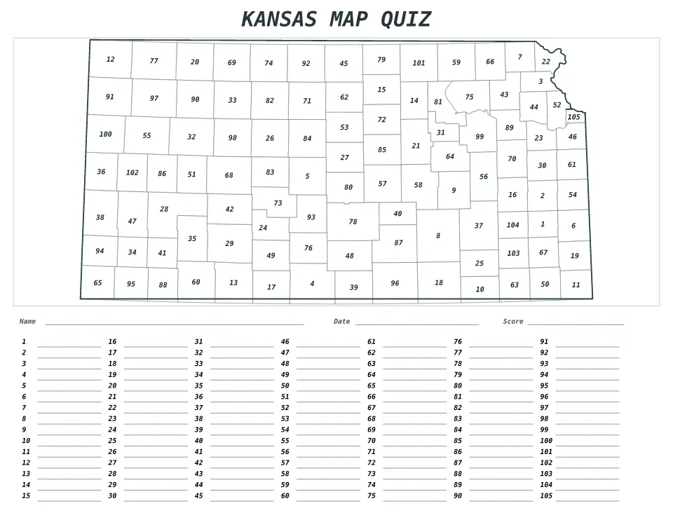Printable Kansas, United States numbered map quiz with 105 regions and an answer key.