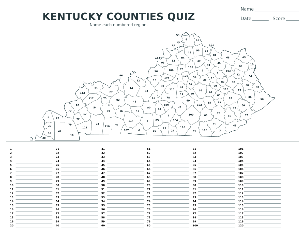 Cuestionario de condados: Kentucky, United States con 120 condados con números.