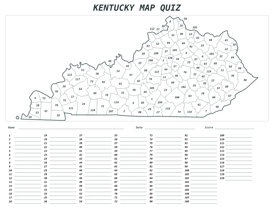 Printable Kentucky, United States numbered map quiz with 120 regions and an answer key.