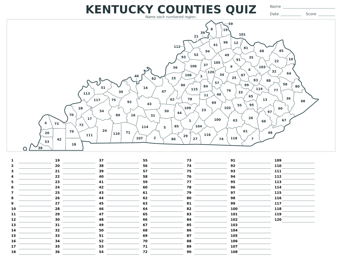 Quiz des comtés : Kentucky, United States avec 120 comtés avec numéros.