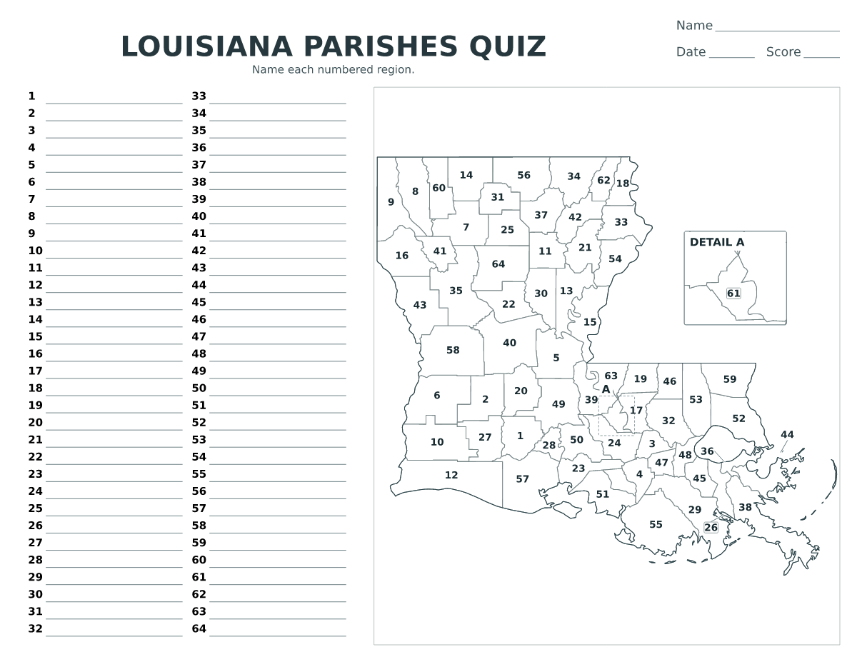 Cuestionario de parroquias: Louisiana, United States con 64 parroquias con números.