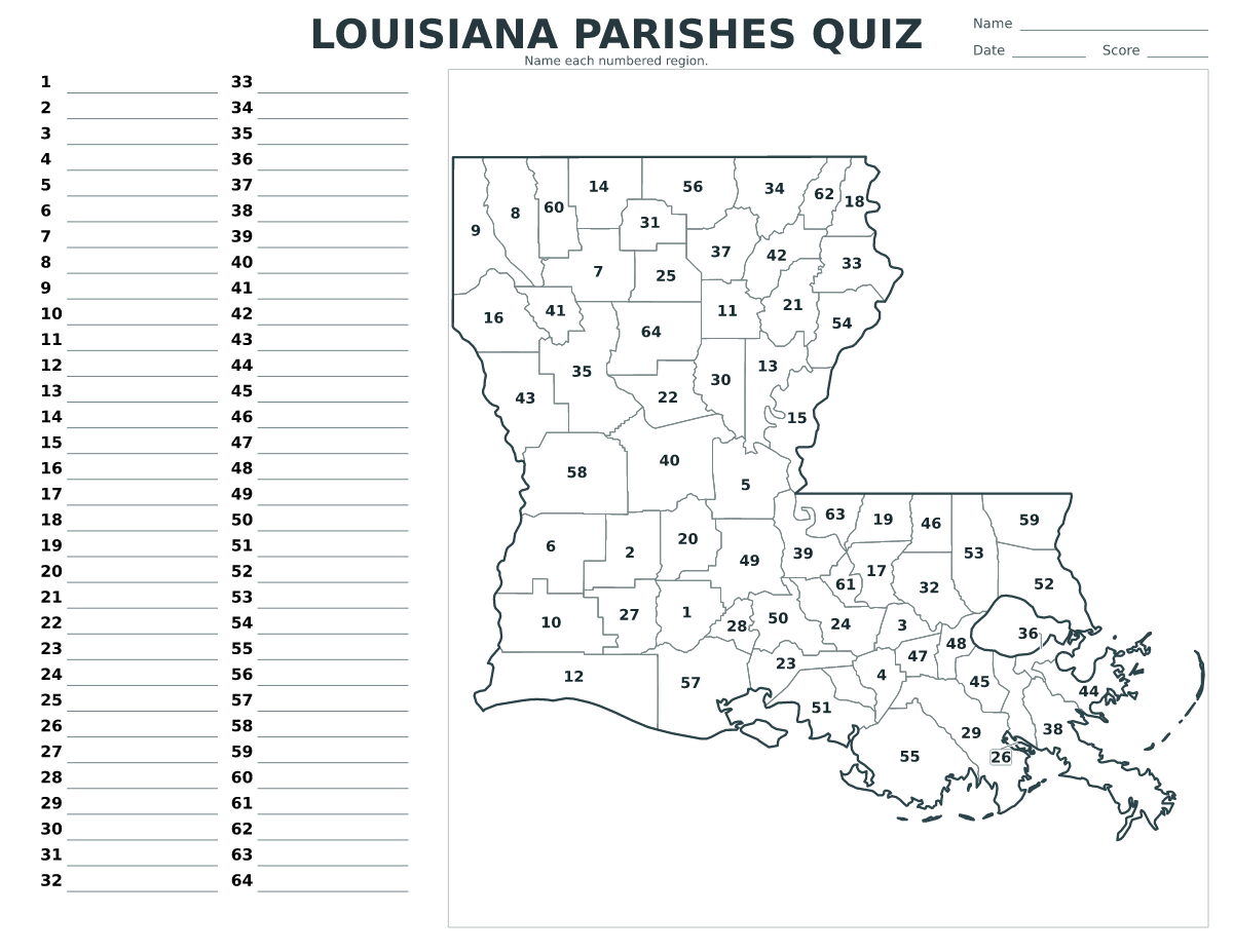 Cuestionario de parroquias: Louisiana, United States con 64 parroquias con números.