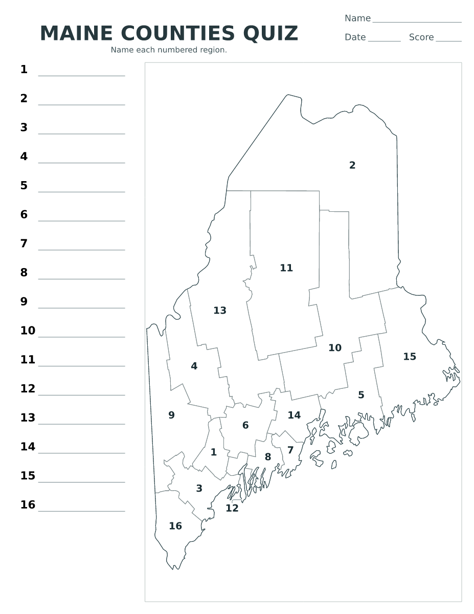Cuestionario de condados: Maine, United States con 16 condados con números.