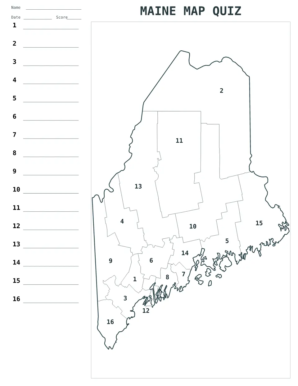 Maine Numbered quiz map preview