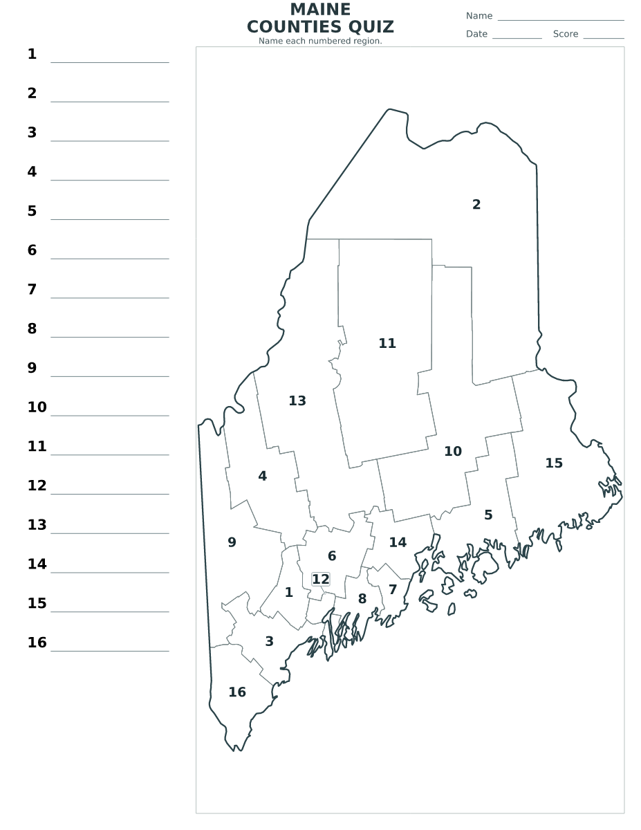 Quiz des comtés : Maine, United States avec 16 comtés avec numéros.