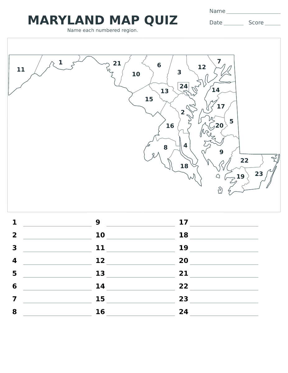 Cuestionario de ciudades y condados: Maryland, United States con 24 ciudades y condados con números.