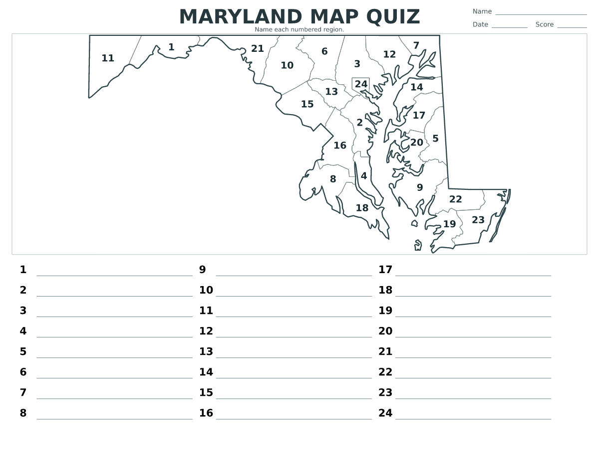Cuestionario de ciudades y condados: Maryland, United States con 24 ciudades y condados con números.