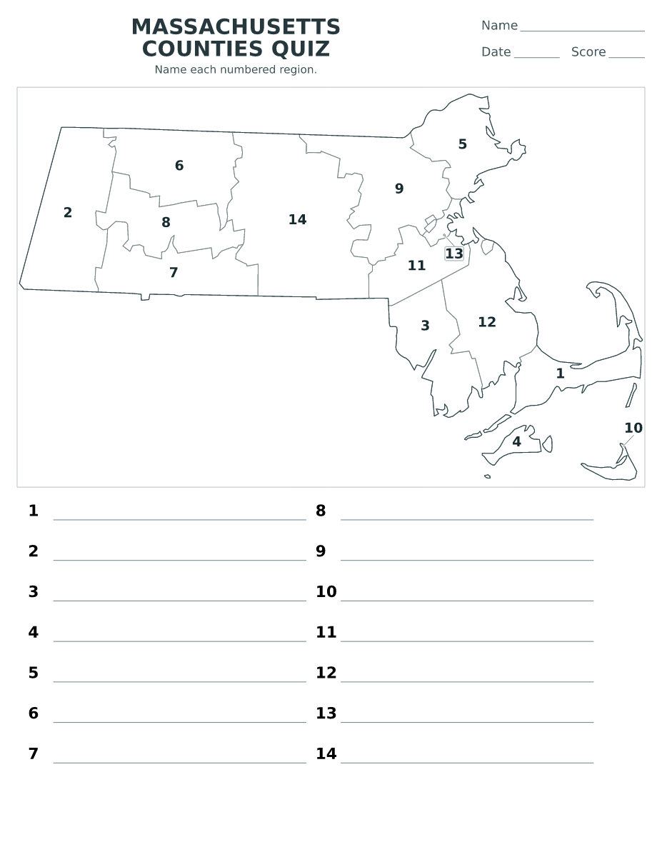 Cuestionario de condados: Massachusetts, United States con 14 condados con números.