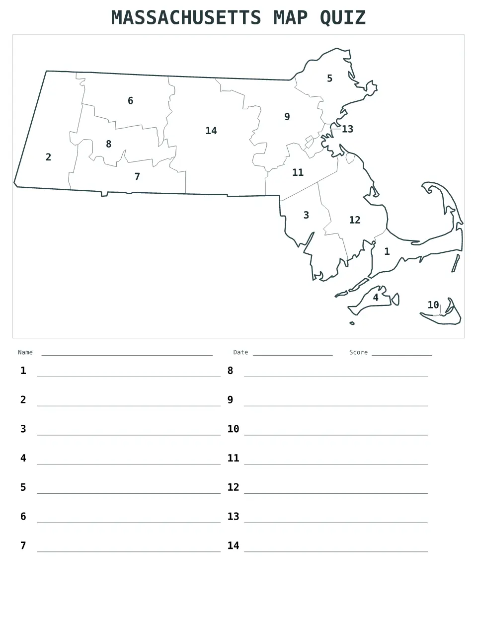Massachusetts Numbered quiz map preview