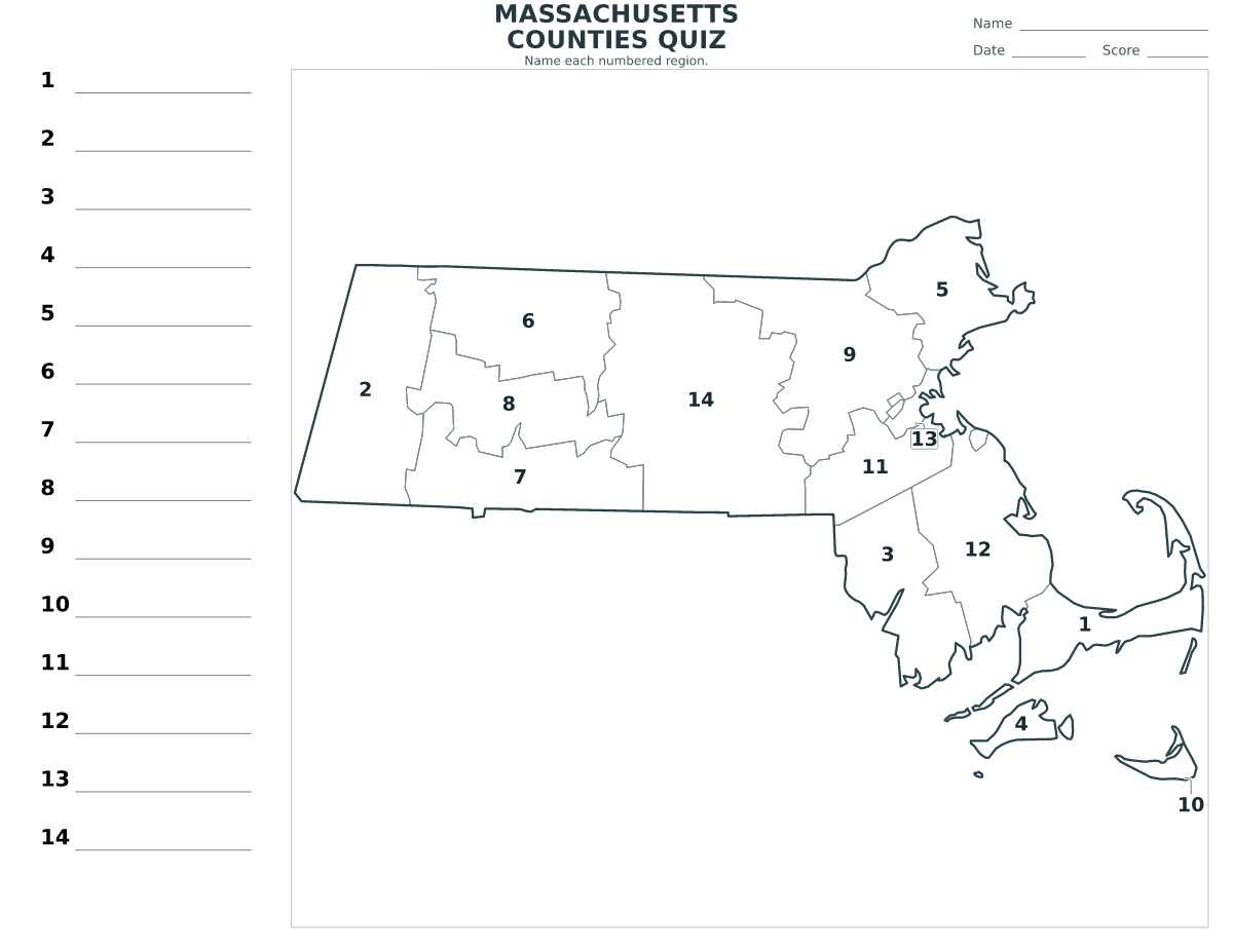 Cuestionario de condados: Massachusetts, United States con 14 condados con números.