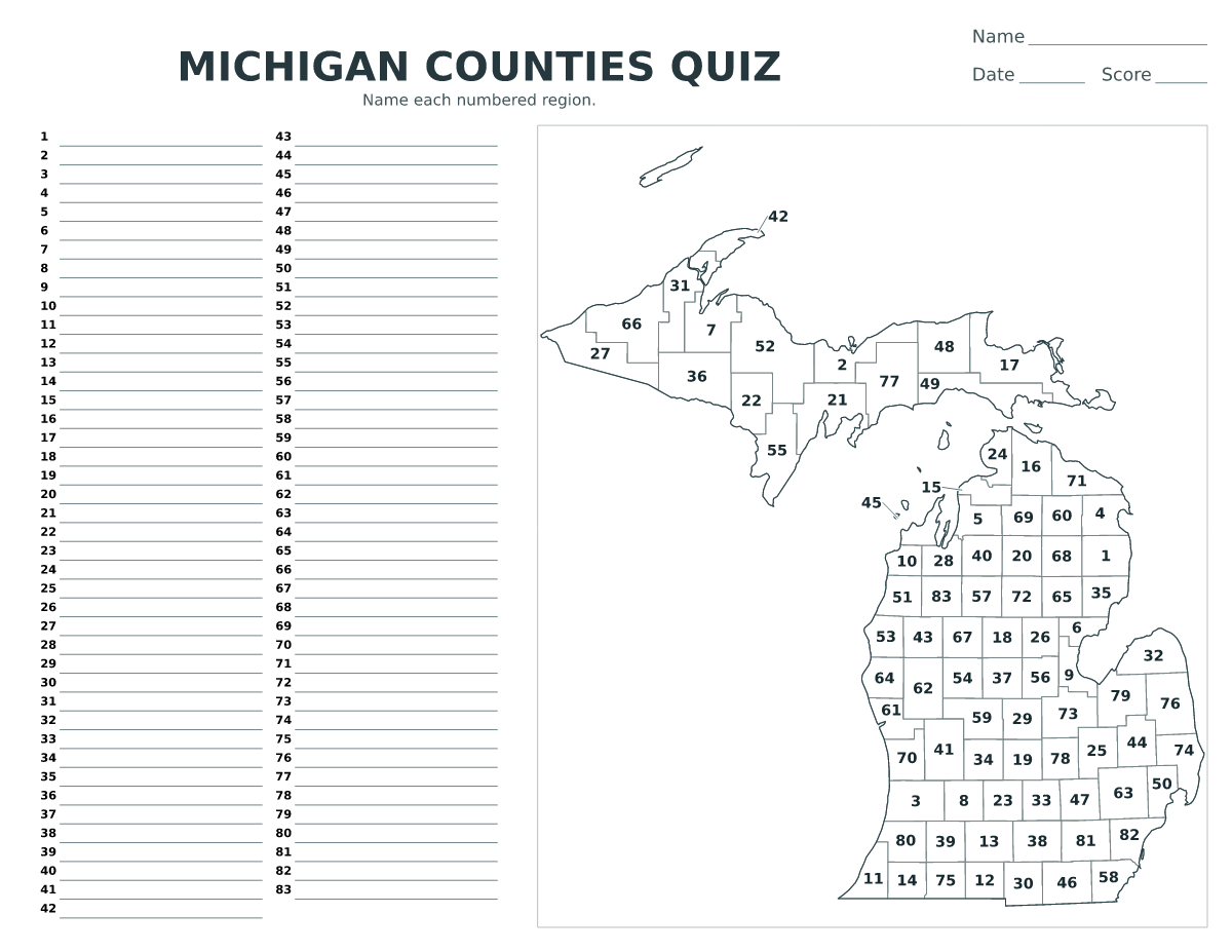 Cuestionario de condados: Michigan, United States con 83 condados con números.