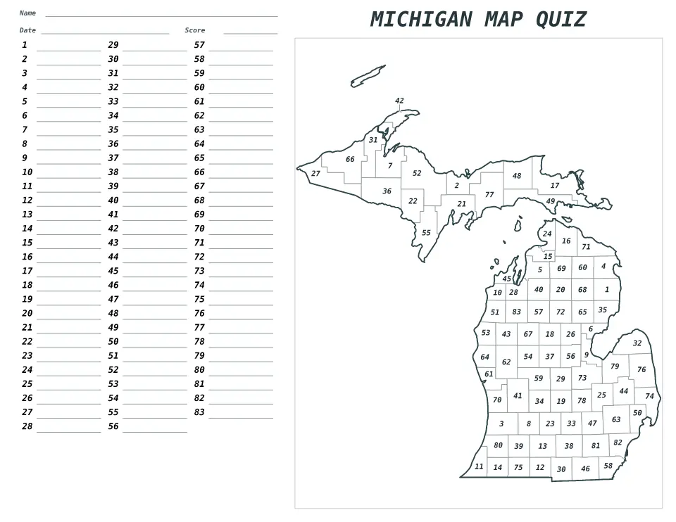 Michigan Numbered quiz map preview