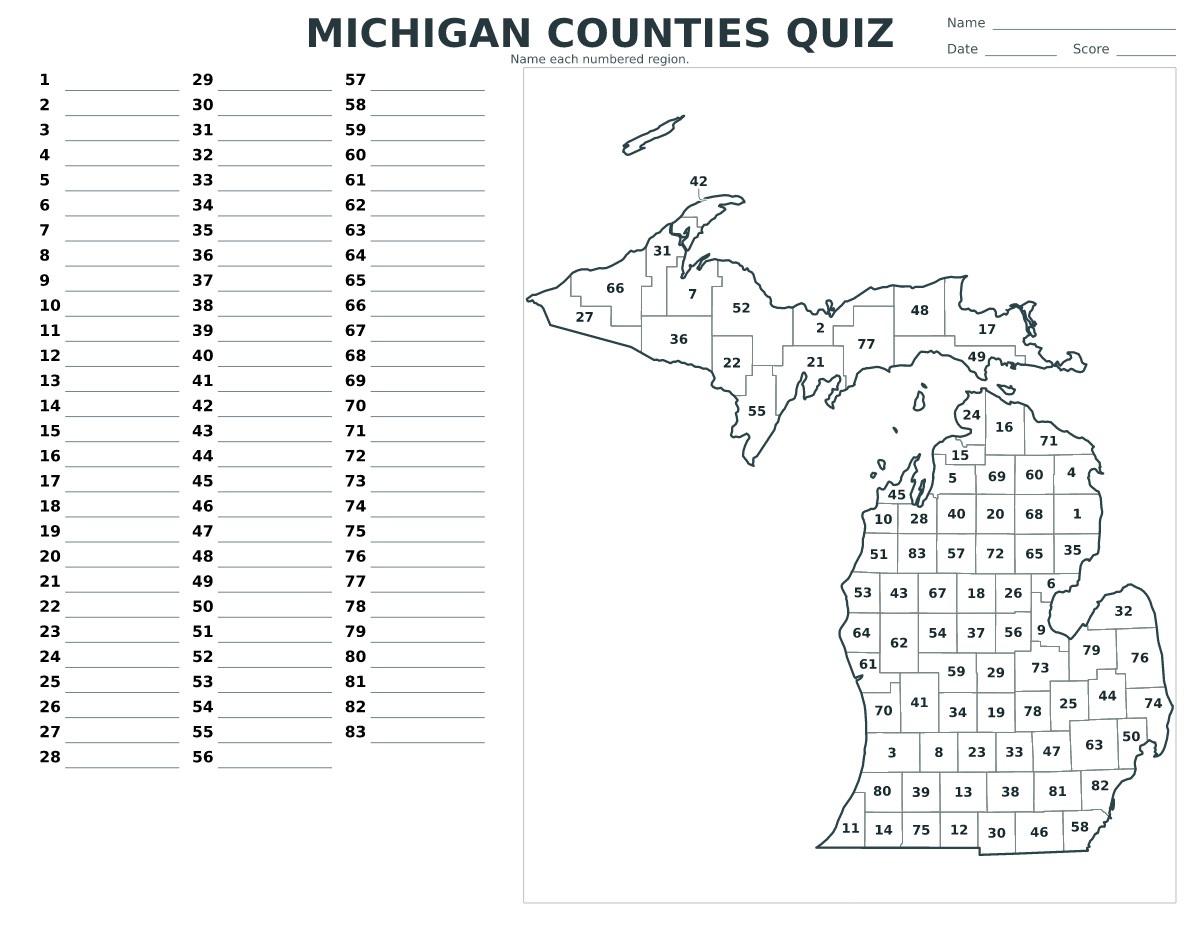 Michigan Counties Quiz, United States with 83 numbered counties.