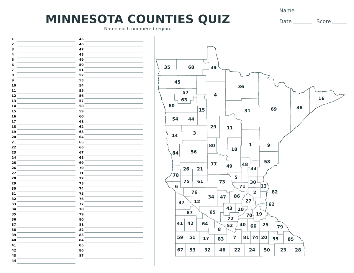 Cuestionario de condados: Minnesota, United States con 87 condados con números.