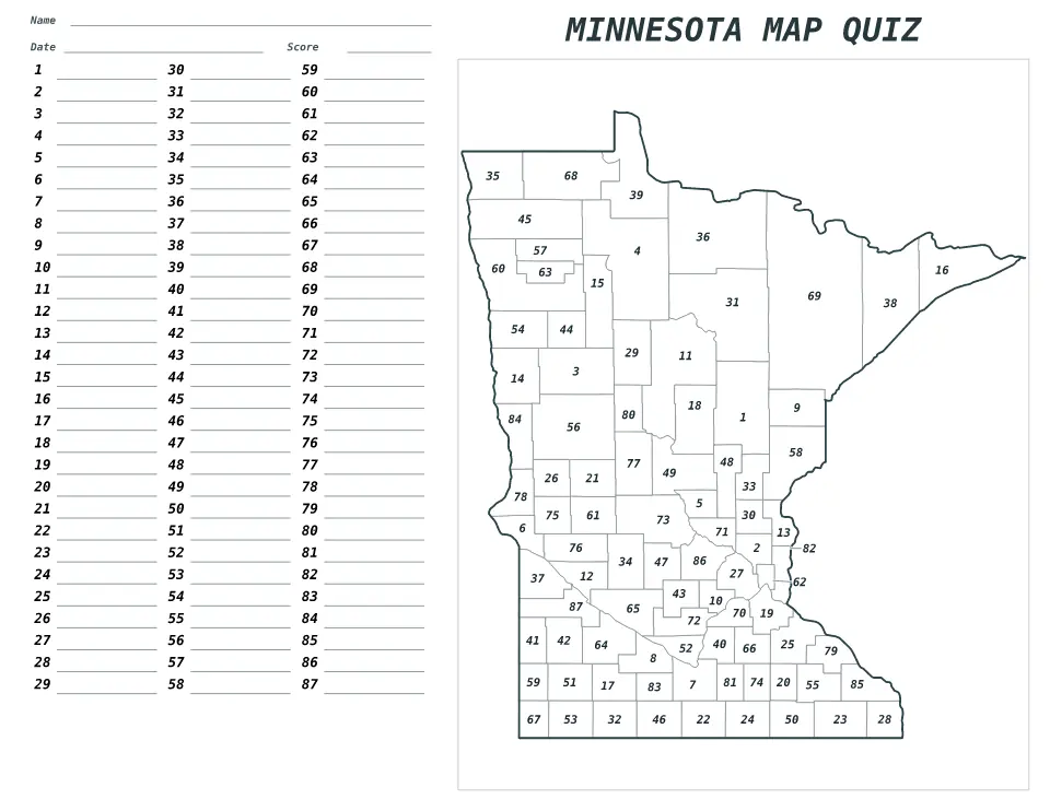 Minnesota Numbered quiz map preview