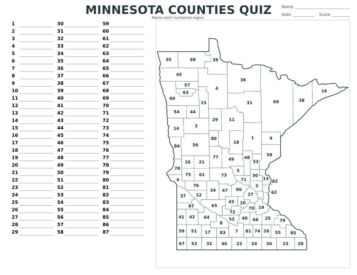 Cuestionario de condados: Minnesota, United States con 87 condados con números.