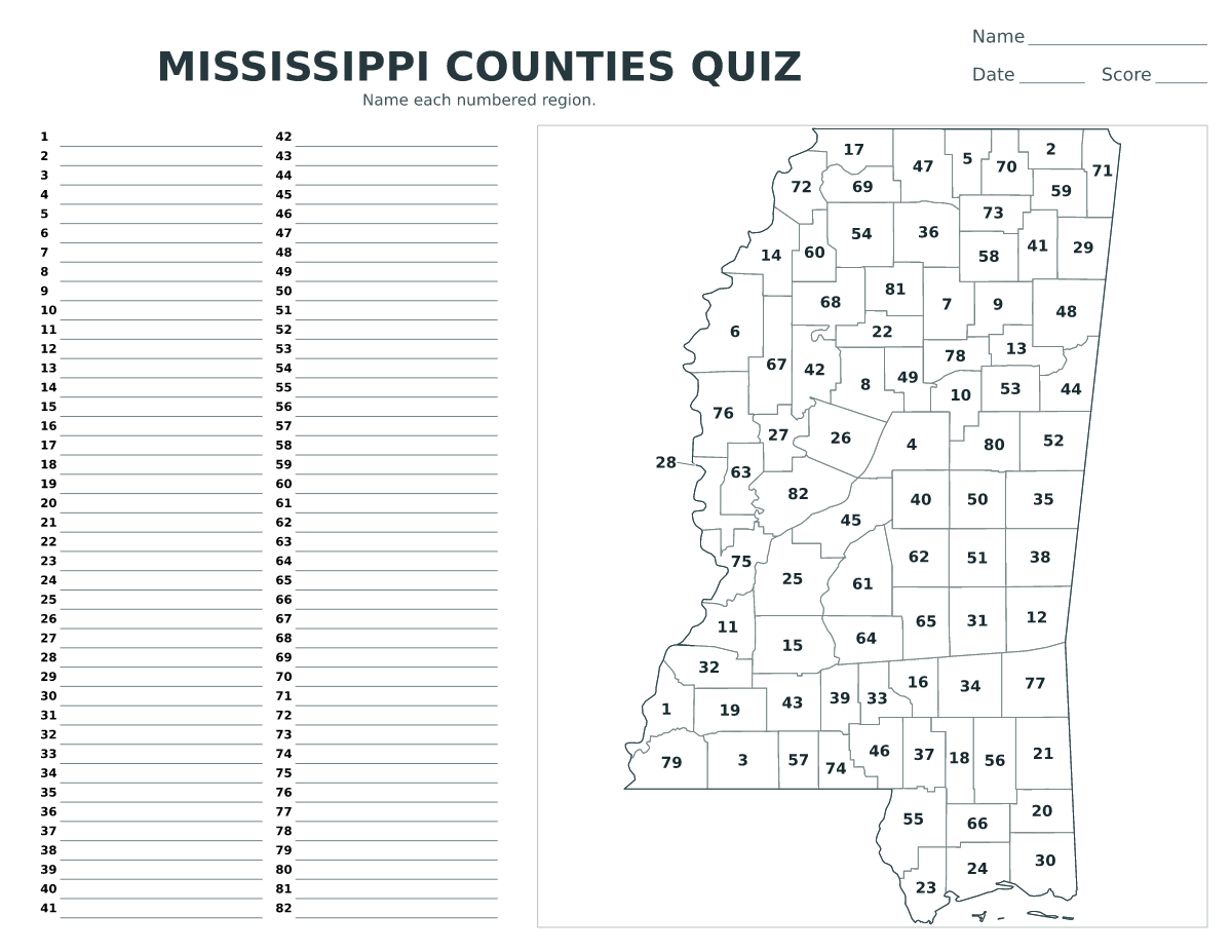 Cuestionario de condados: Mississippi, United States con 82 condados con números.