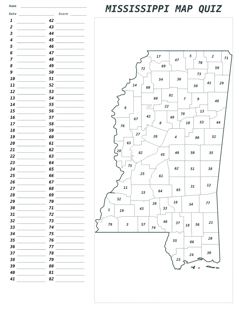 Quiz cartographique imprimable pour Mississippi, United States avec 82 régions numérotées et un corrigé.